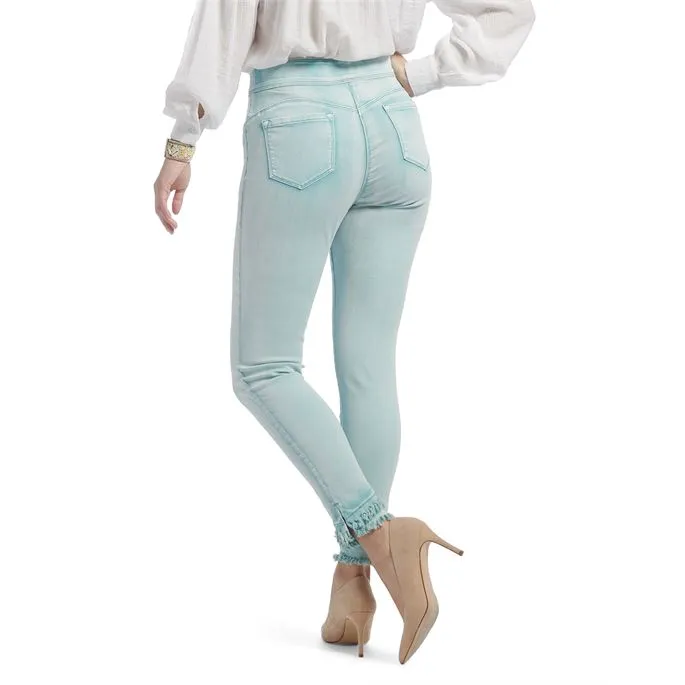 OMG SKINNY ANKLE SLANT DOUBLE FRINGE JEANS in Aqua & Coral