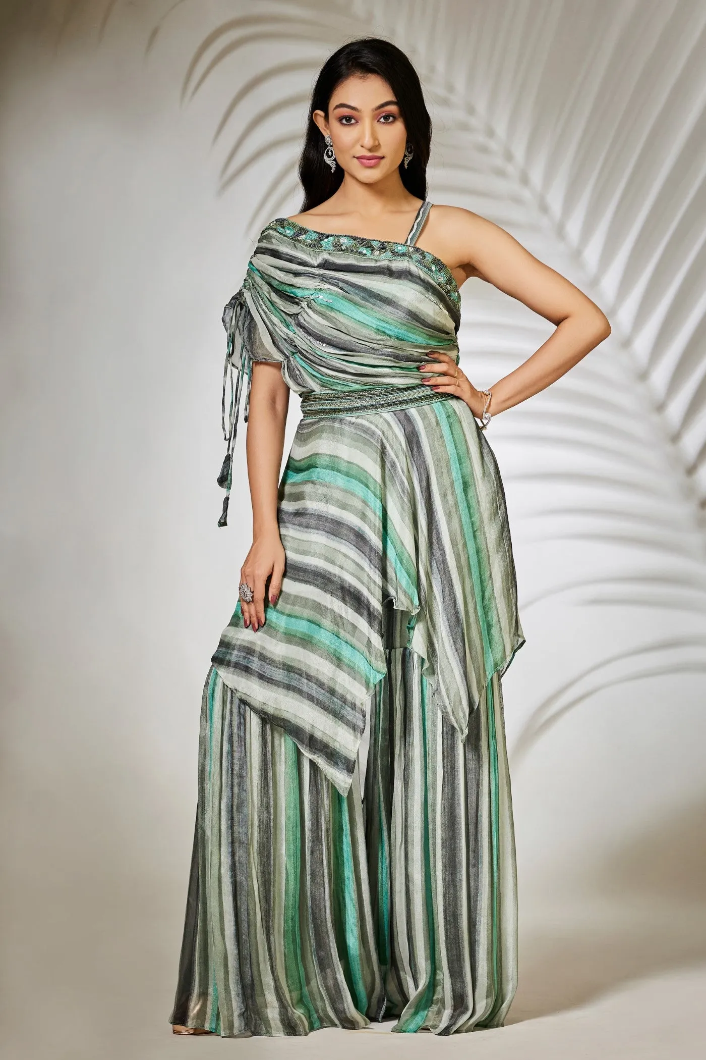 Pastel Blue Striped Pure Chinnon Tunic with Sharara