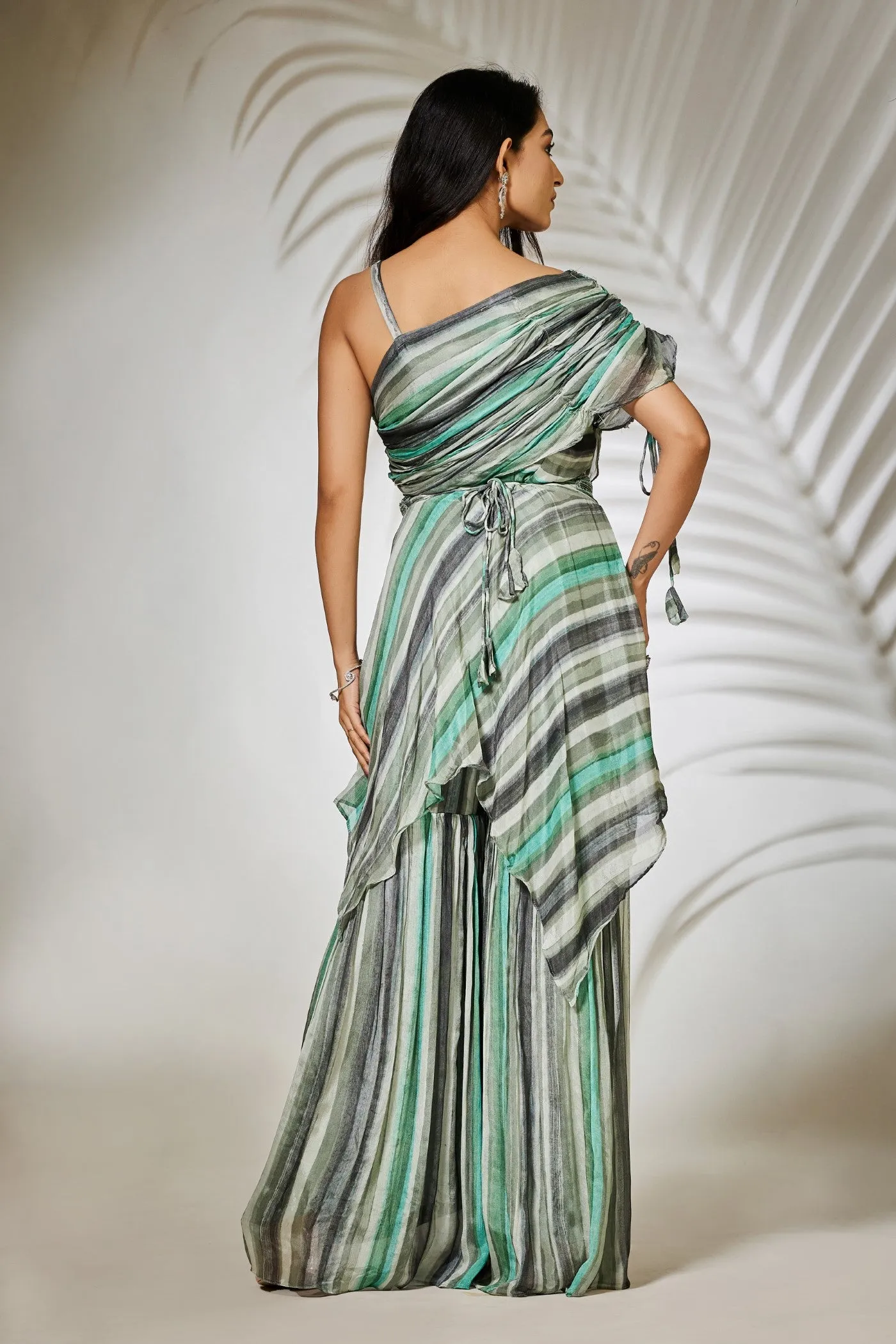 Pastel Blue Striped Pure Chinnon Tunic with Sharara