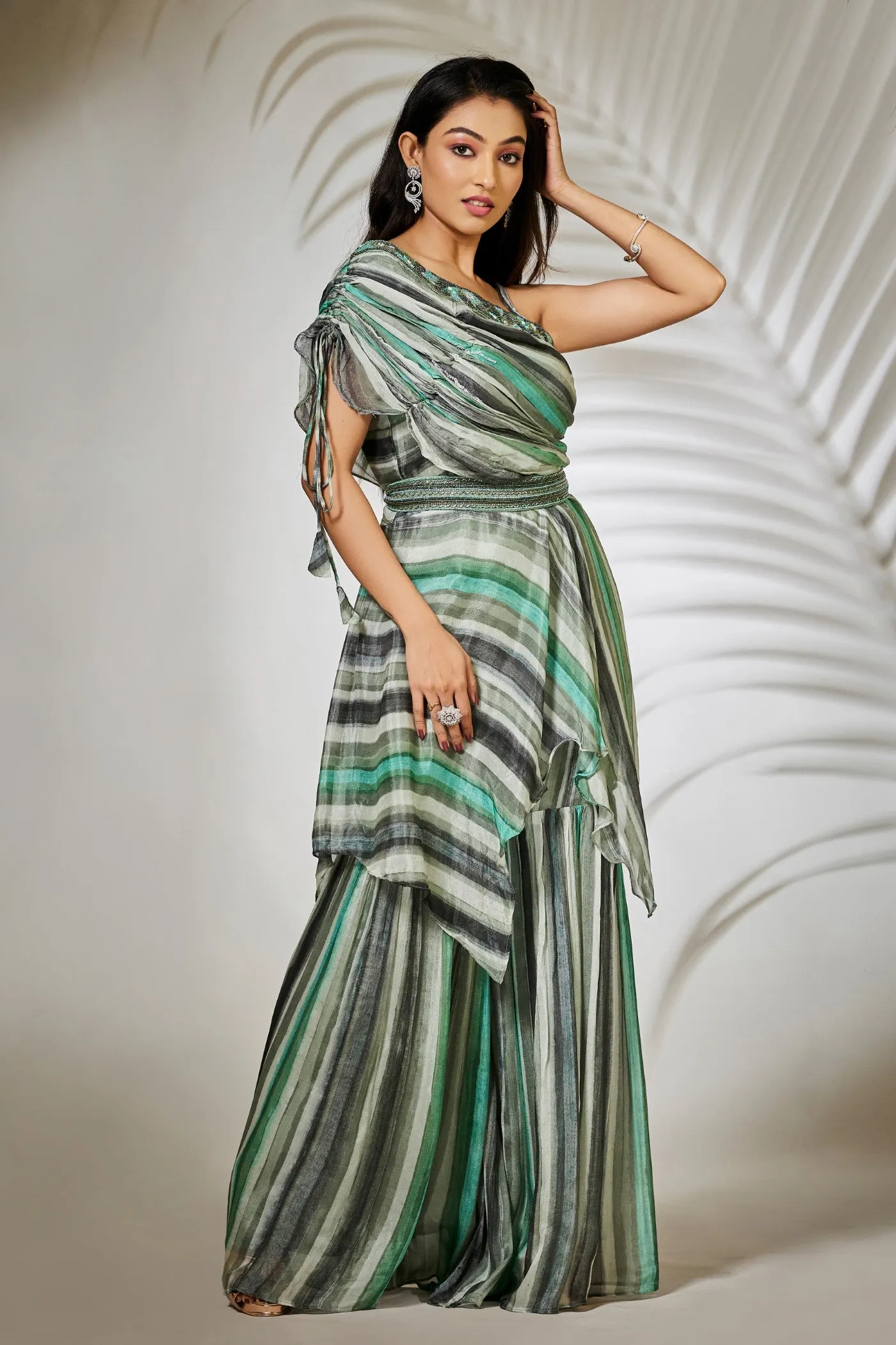 Pastel Blue Striped Pure Chinnon Tunic with Sharara