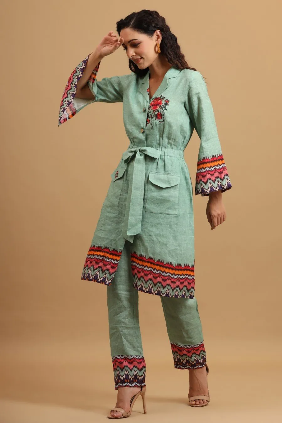 Pastel Green Linen Silk A-Line Tunic with Pants