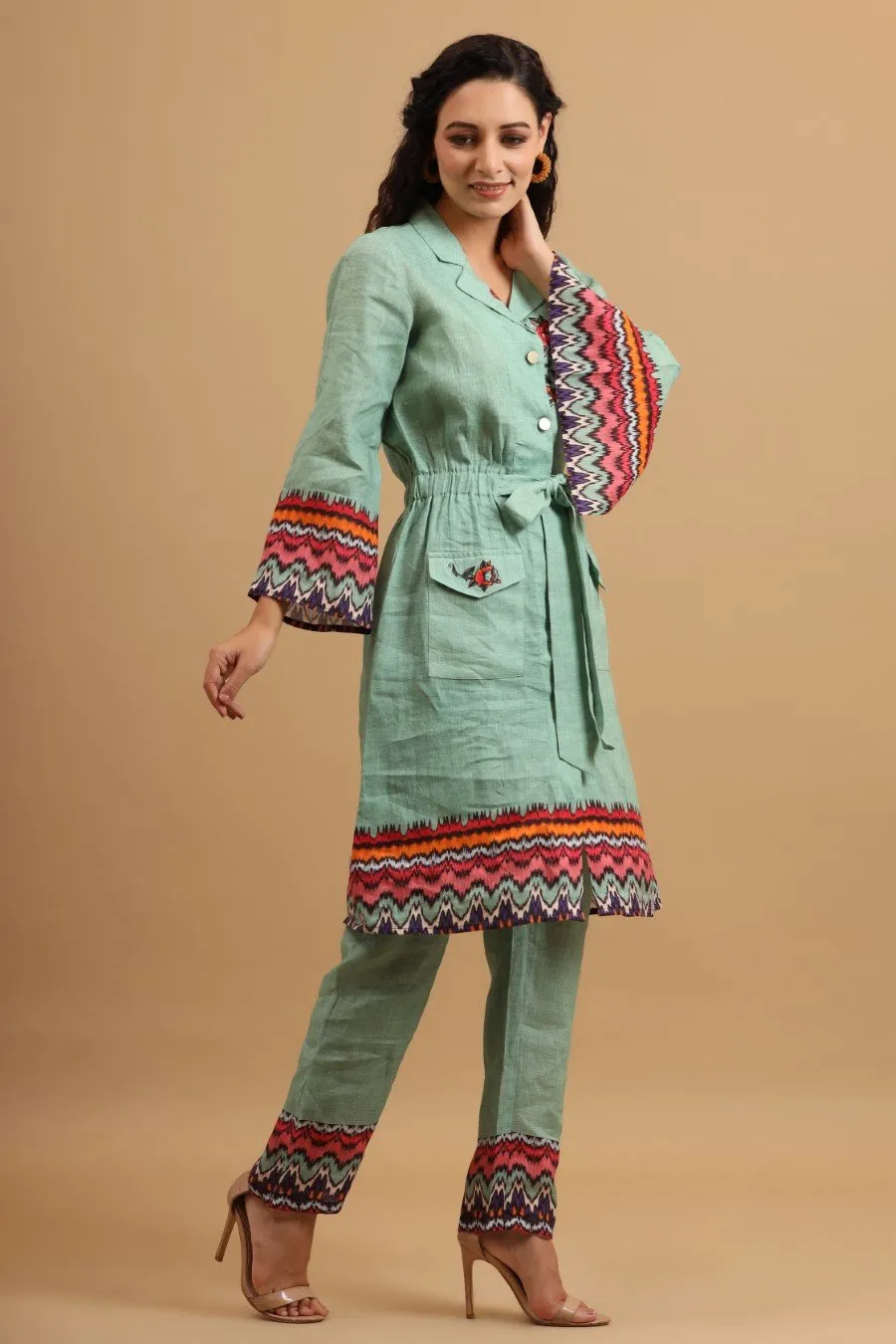 Pastel Green Linen Silk A-Line Tunic with Pants