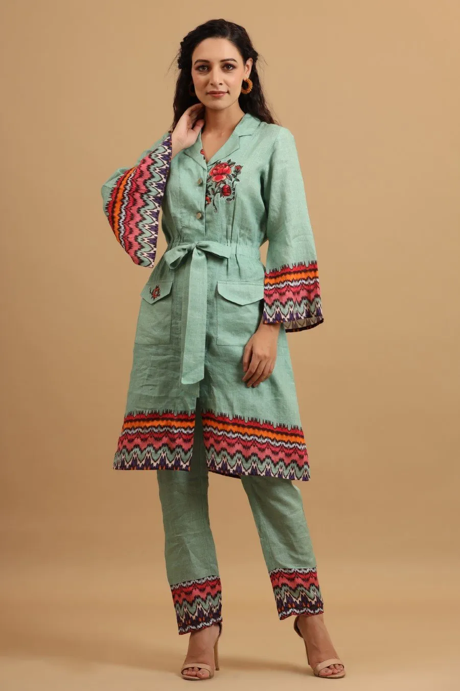 Pastel Green Linen Silk A-Line Tunic with Pants