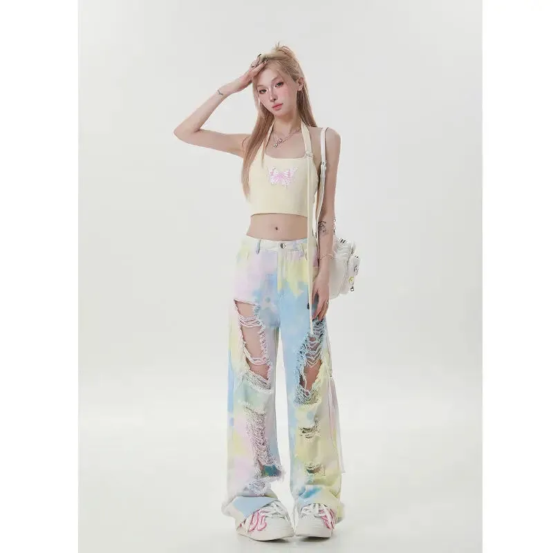 Pastel Tie Dye Distressed Oversized Jeans