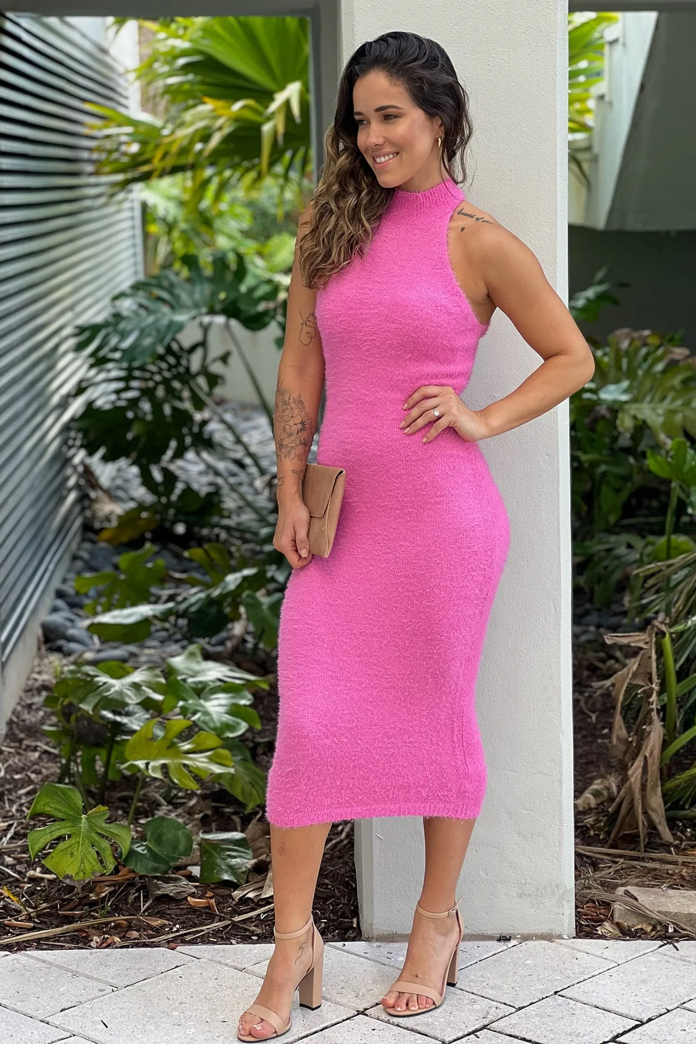 Pink Knit Midi Halter Dress With Back Buttons