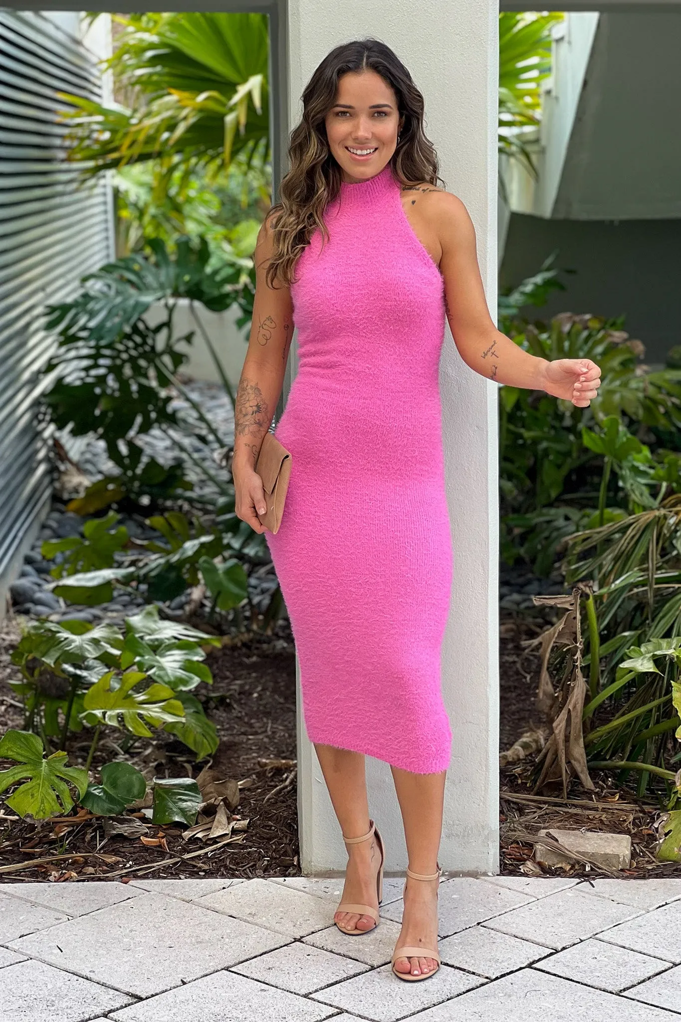 Pink Knit Midi Halter Dress With Back Buttons