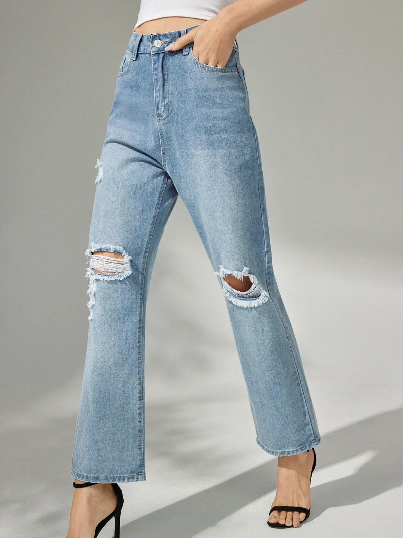 Plain Ripped Button Straight Leg Jeans