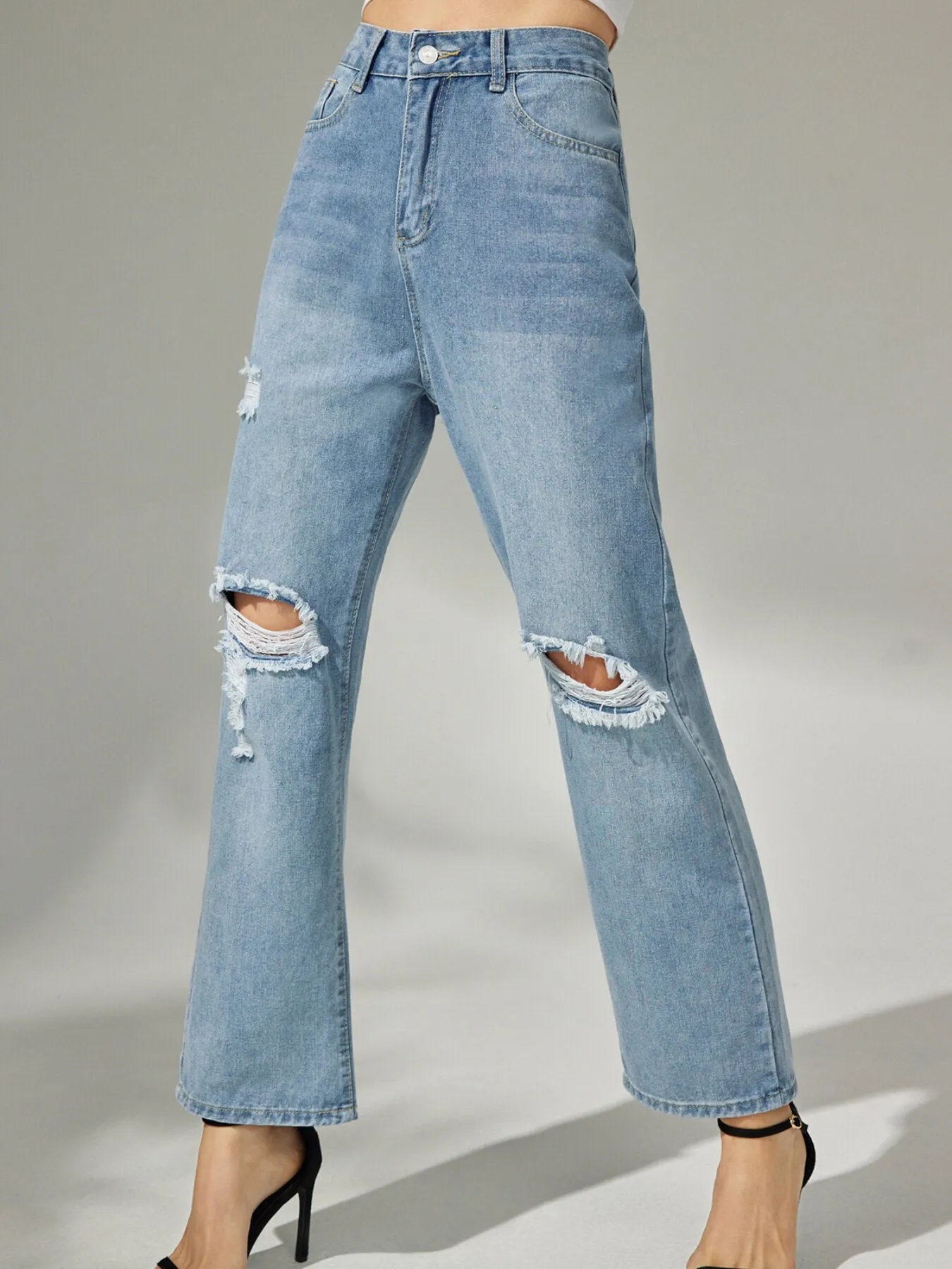 Plain Ripped Button Straight Leg Jeans