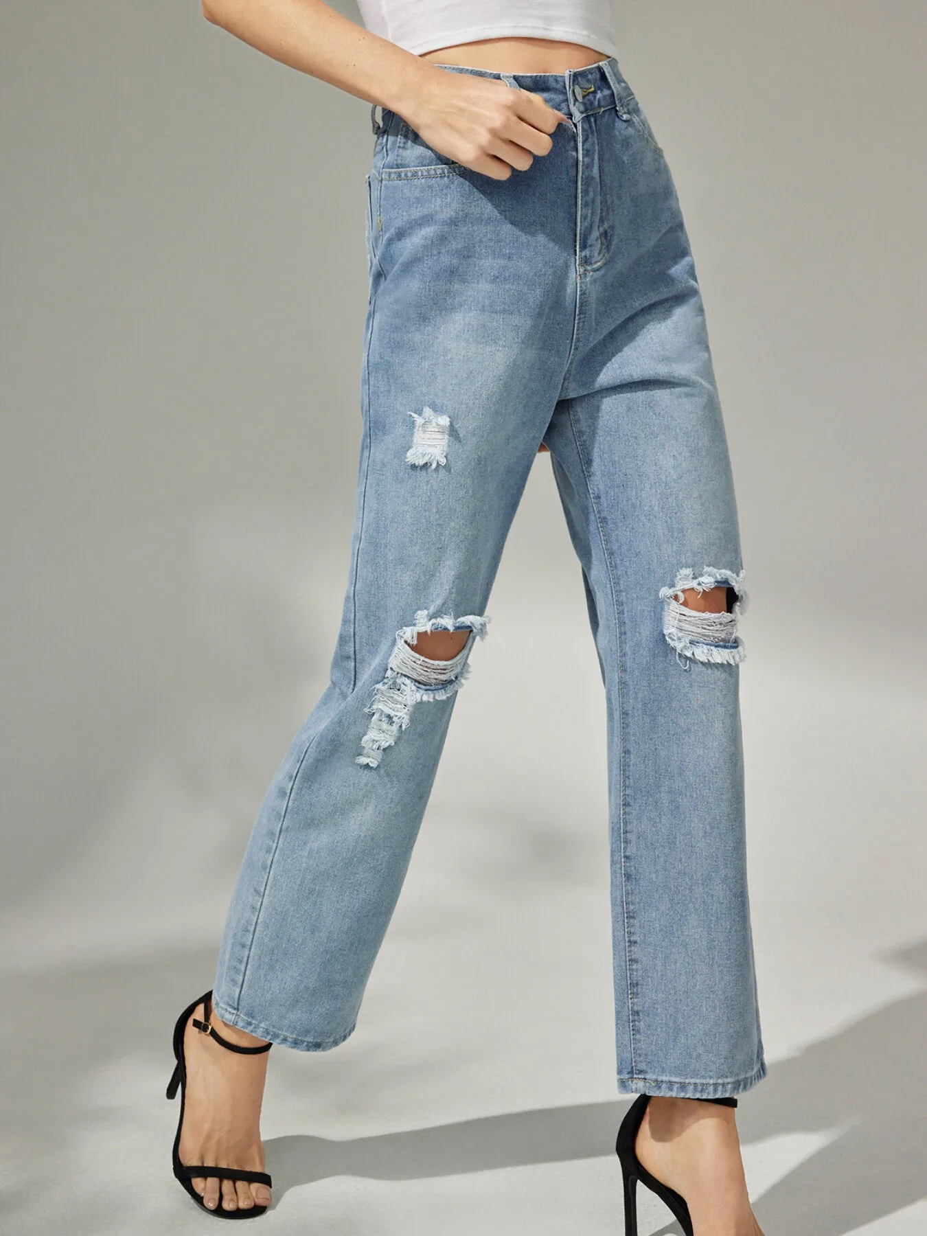 Plain Ripped Button Straight Leg Jeans