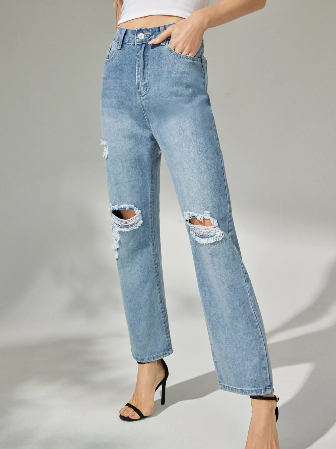 Plain Ripped Button Straight Leg Jeans