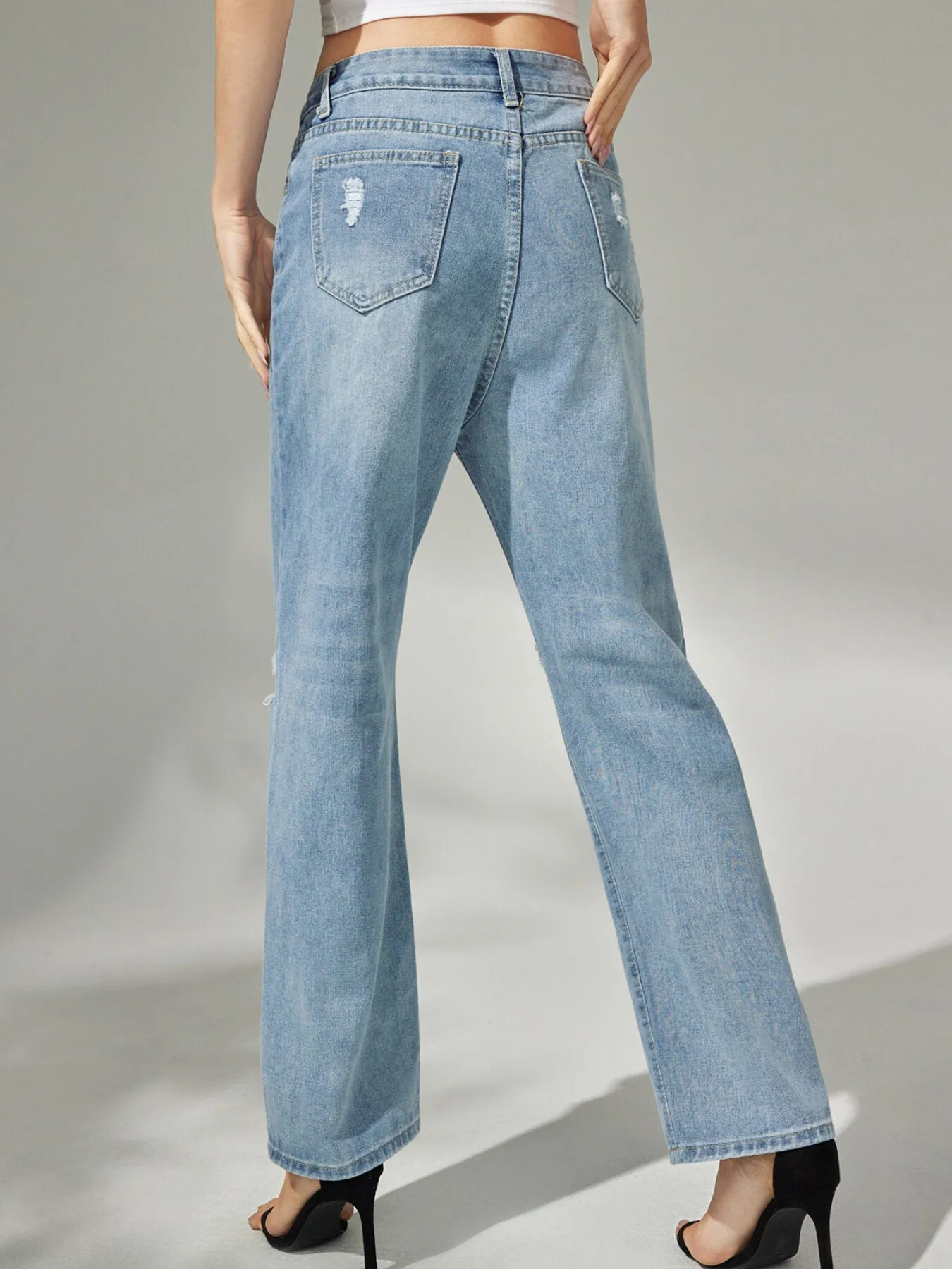 Plain Ripped Button Straight Leg Jeans