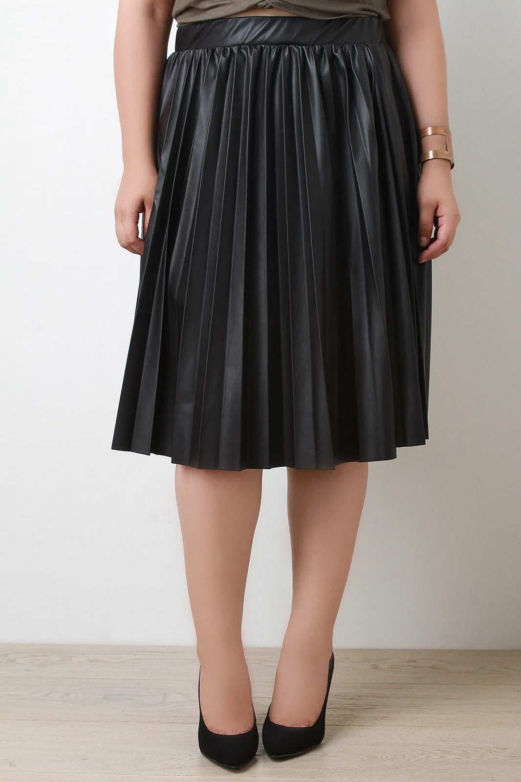 Pleated Faux Leather Midi Skirt