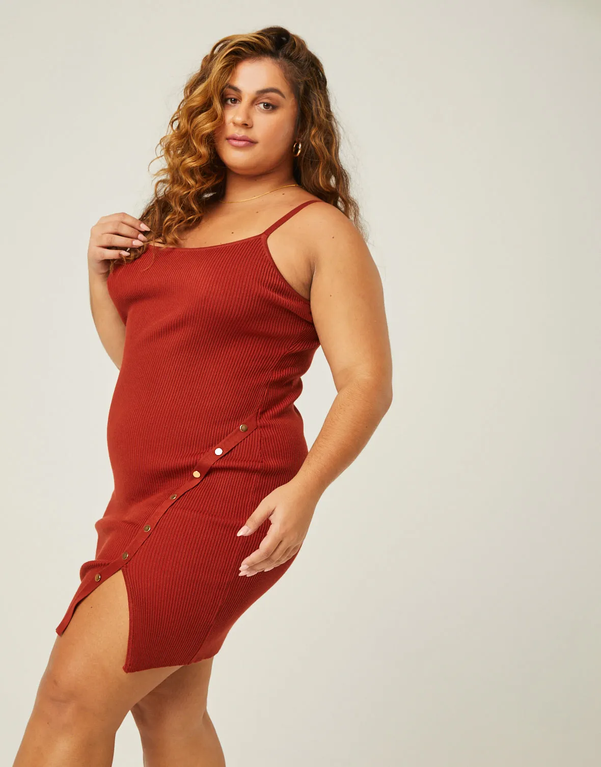 Plus Size Snap Detail Rib Knit Dress