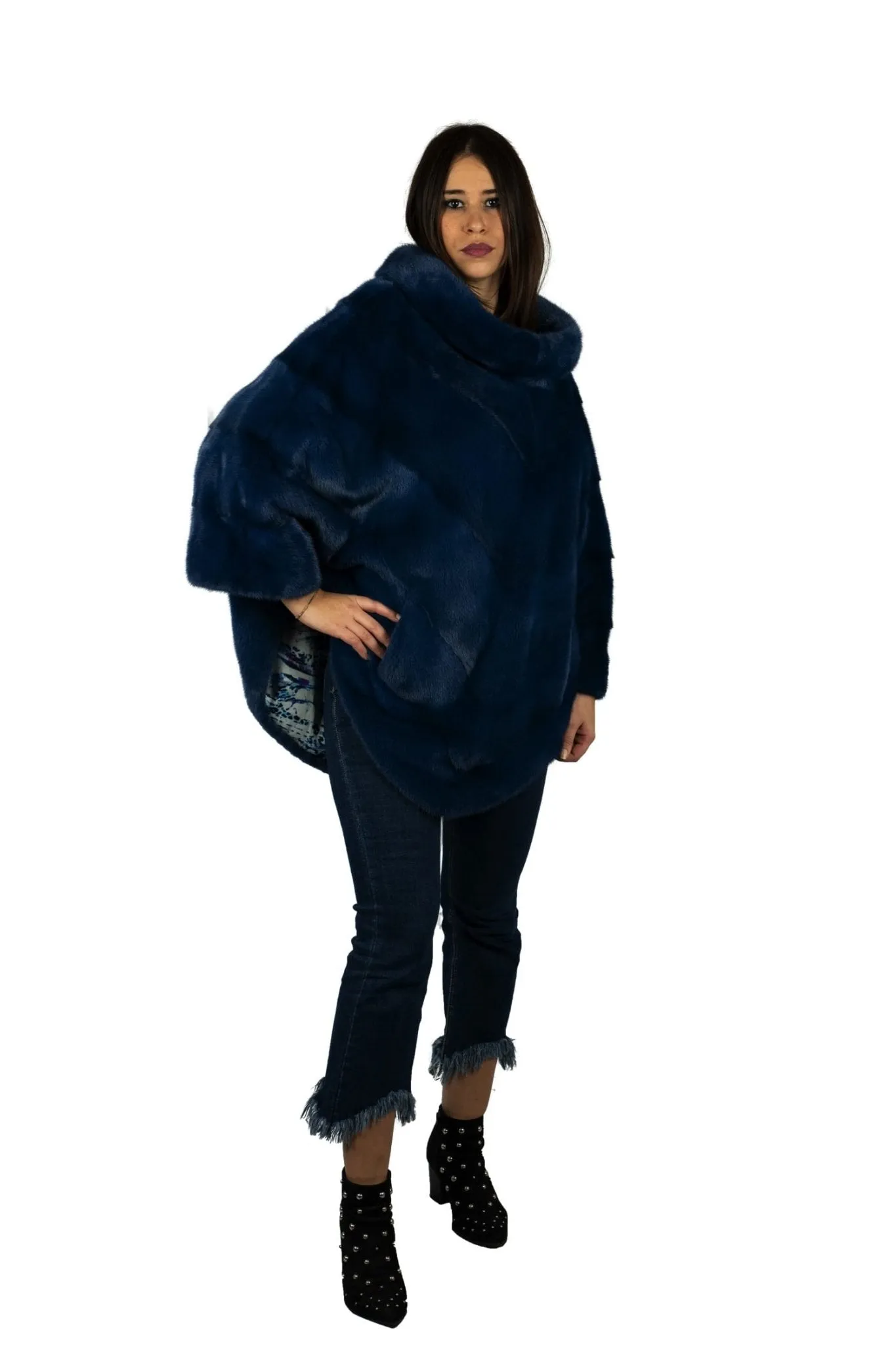 poncho in mink midnight blue with hood