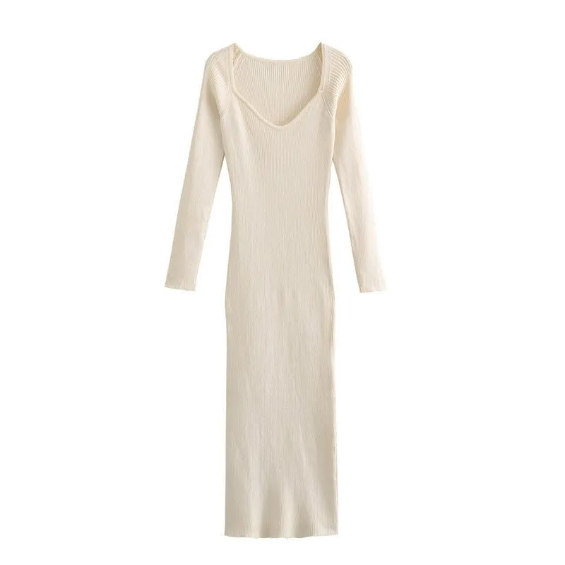 Pre Order:  Beige Stretch Knit Midi Dress