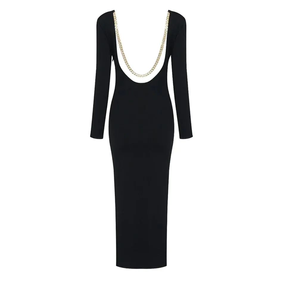 Pre Order:  Halter Chain Backless Mid-calf Knit Dress