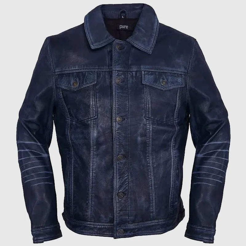 Pure Leather Mens Classic Trucker Jacket, Iconic Western Style Natural Lambskin -Navy - Leather