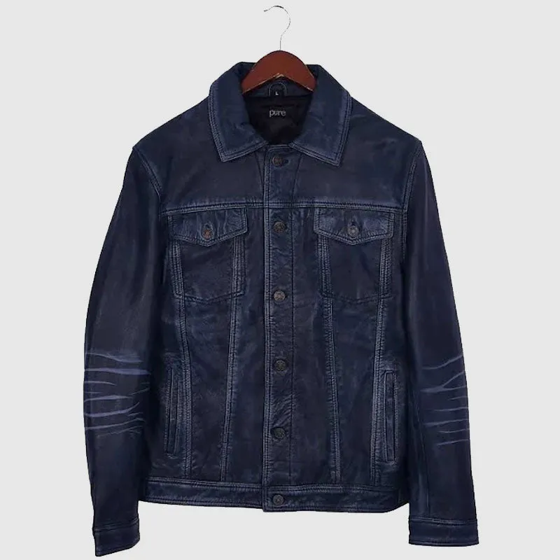 Pure Leather Mens Classic Trucker Jacket, Iconic Western Style Natural Lambskin -Navy - Leather