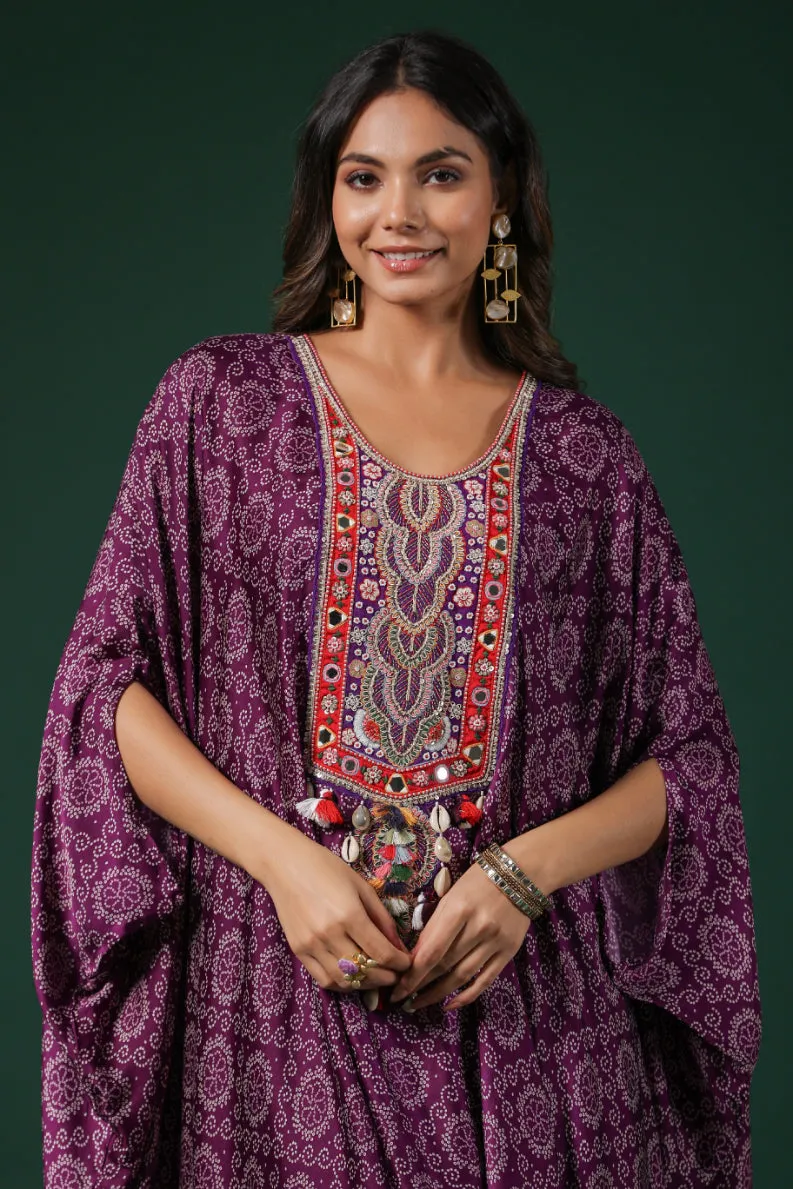 Purple Embroidered Habutai Silk Kaftan Palazzo Set