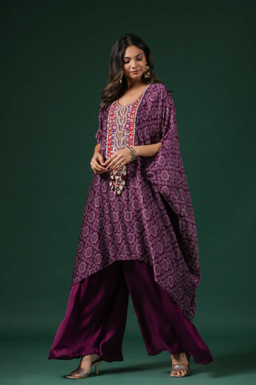 Purple Embroidered Habutai Silk Kaftan Palazzo Set