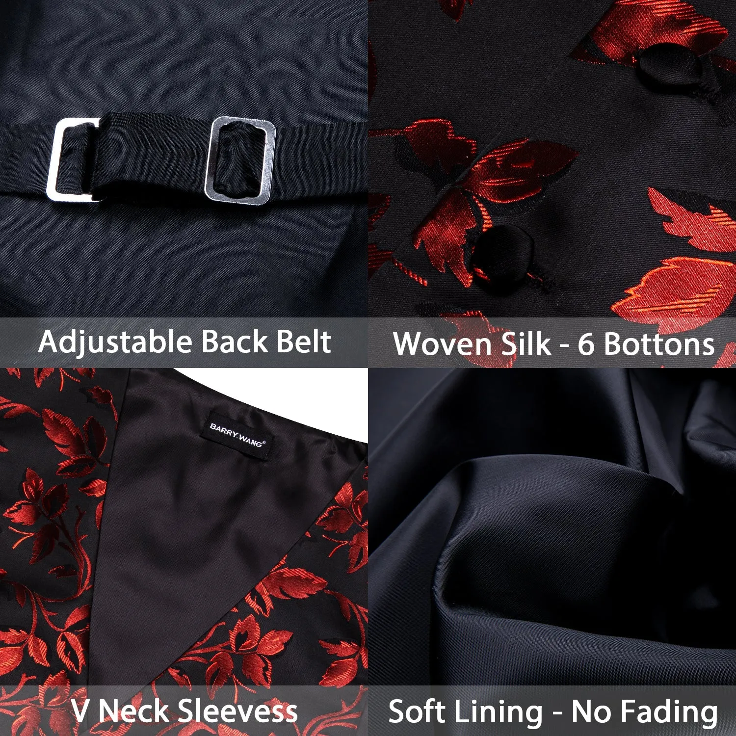 Red Floral Leaf Silk Men's Vest Hanky Cufflinks Tie Set