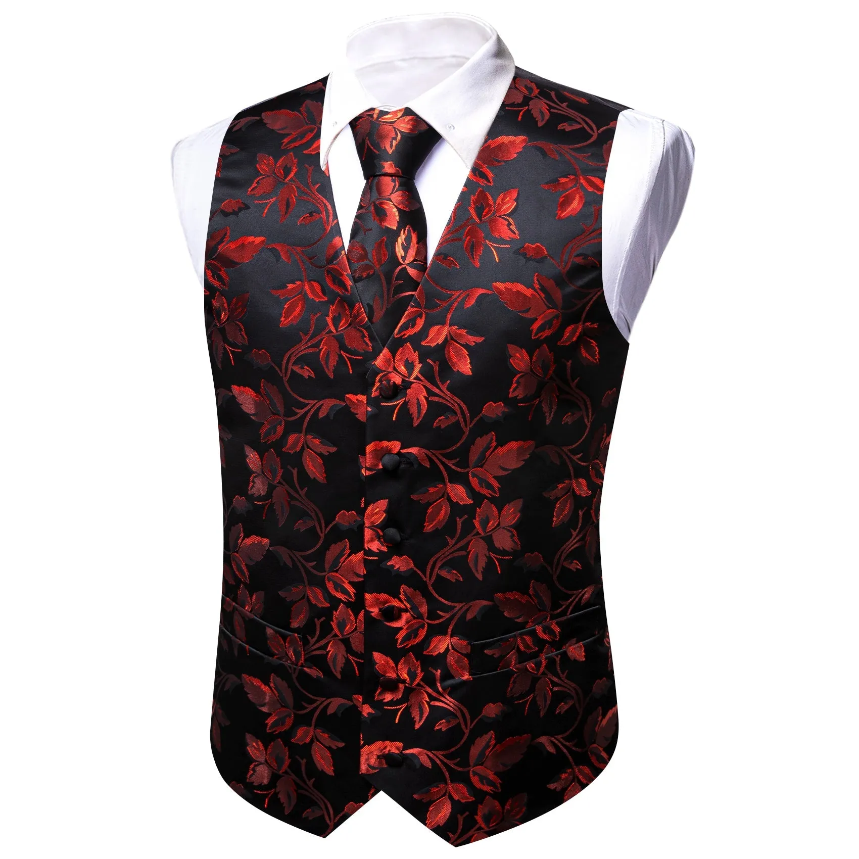 Red Floral Leaf Silk Men's Vest Hanky Cufflinks Tie Set