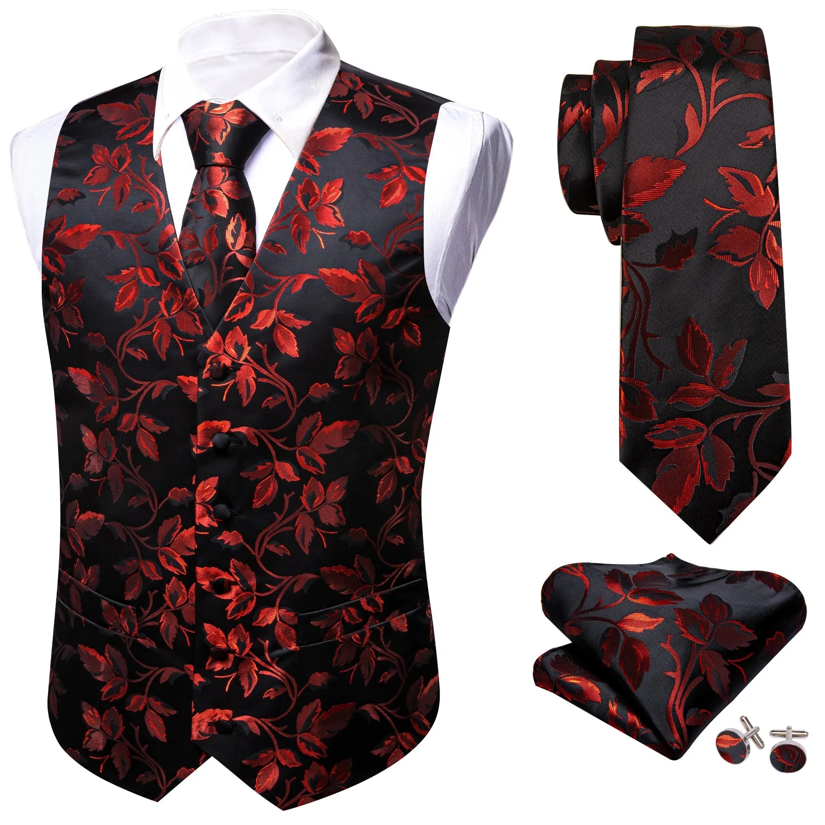 Red Floral Leaf Silk Men's Vest Hanky Cufflinks Tie Set