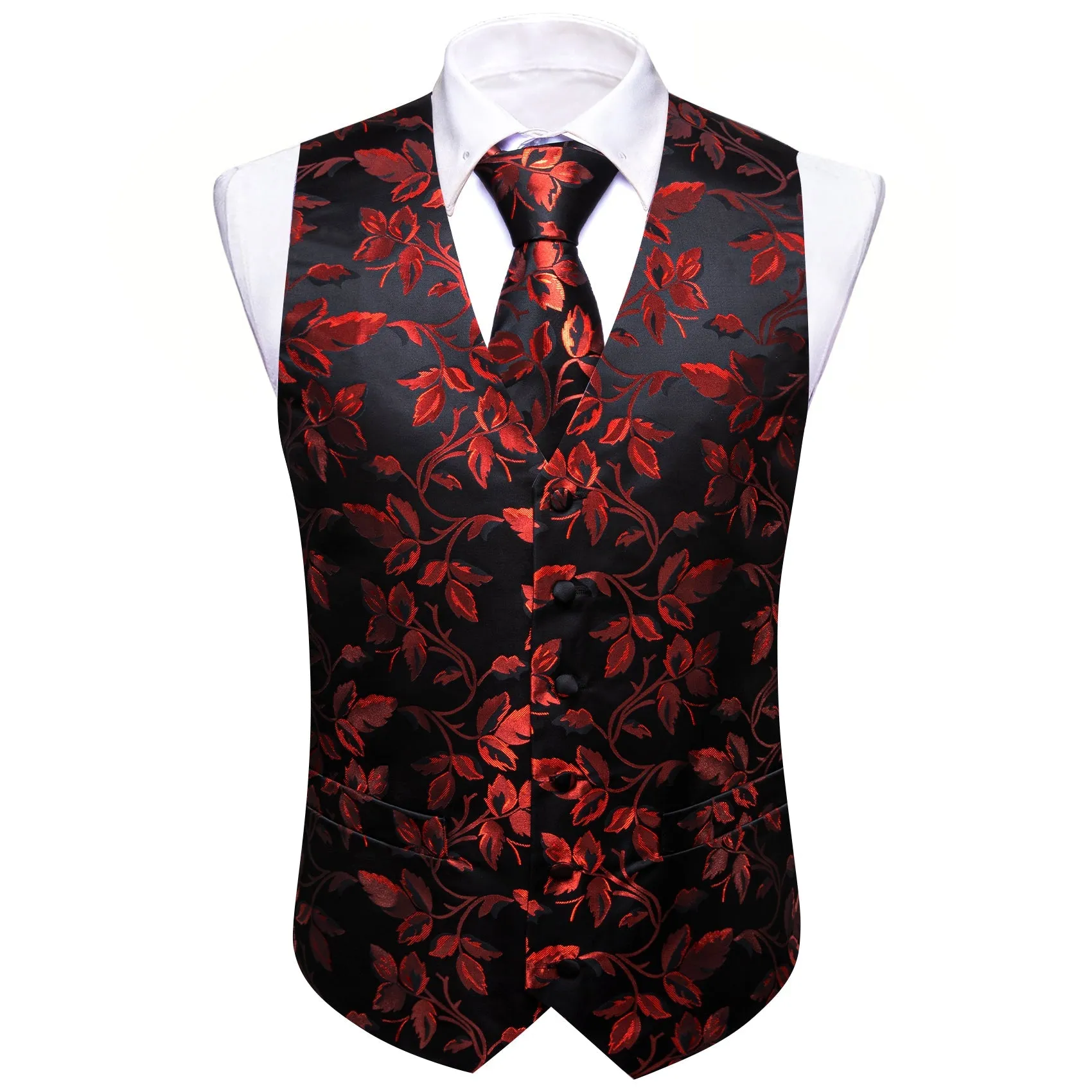 Red Floral Leaf Silk Men's Vest Hanky Cufflinks Tie Set