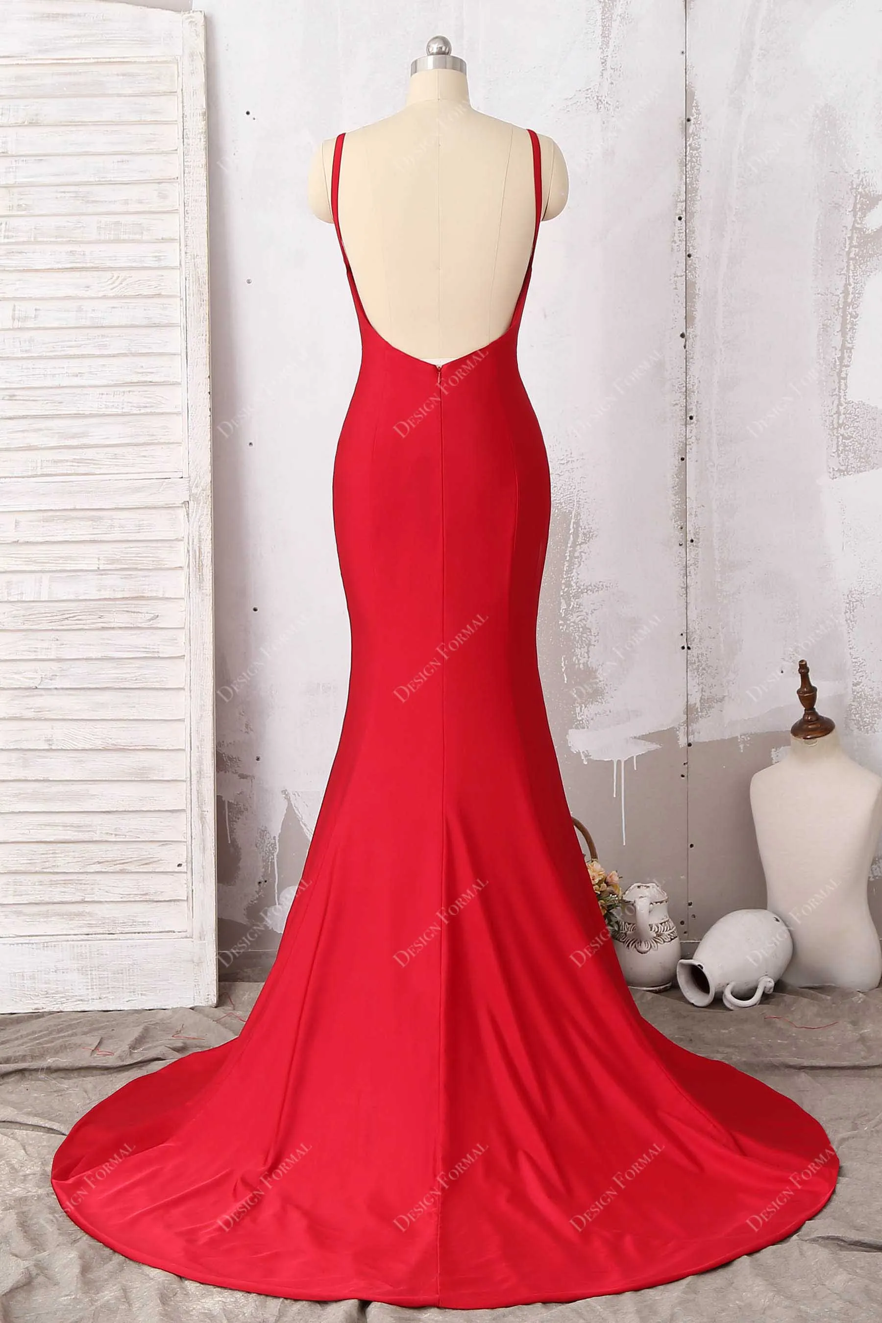 Red Jersey Thin Straps Ruched Mermaid Dress with Cowl Neck