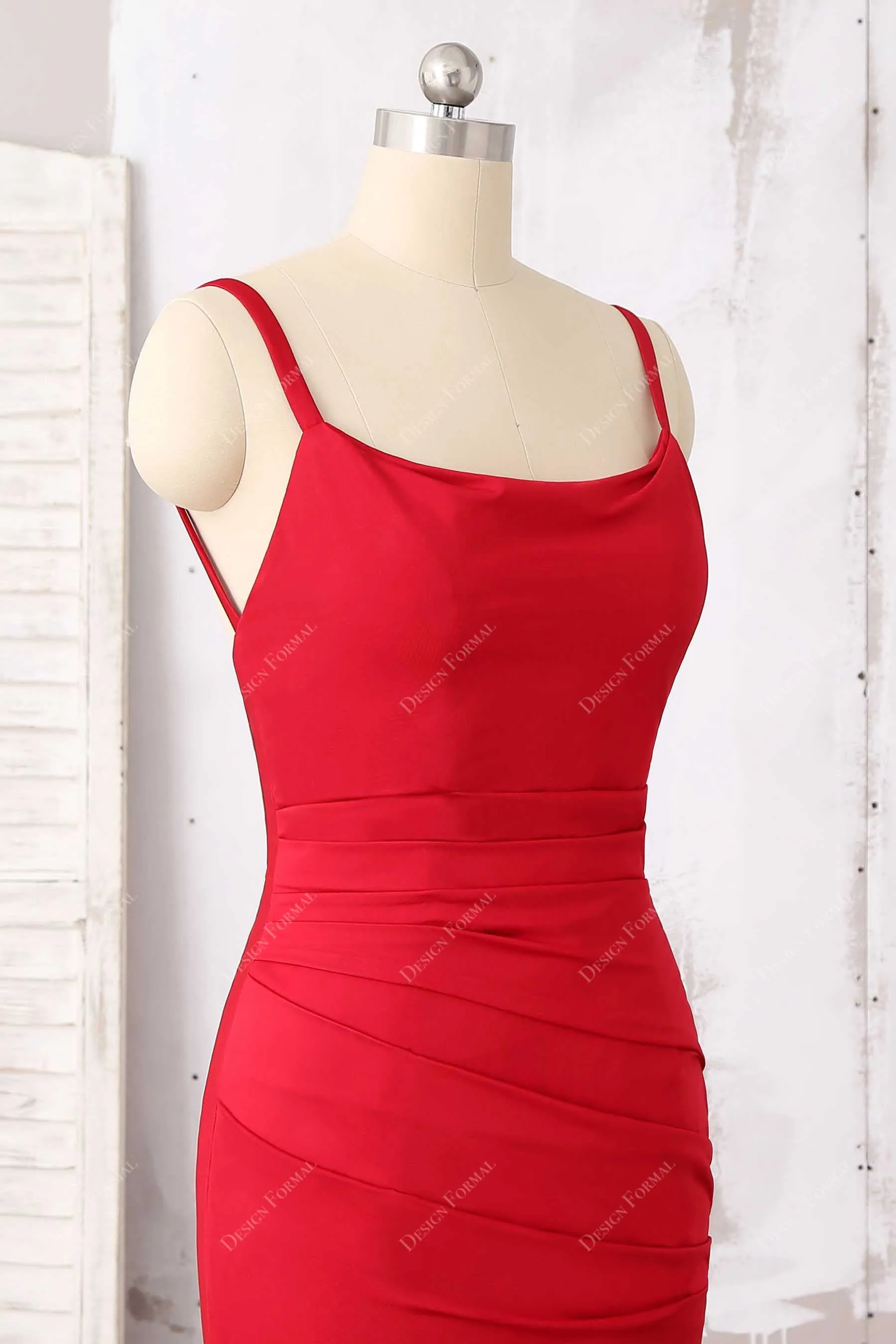 Red Jersey Thin Straps Ruched Mermaid Dress with Cowl Neck