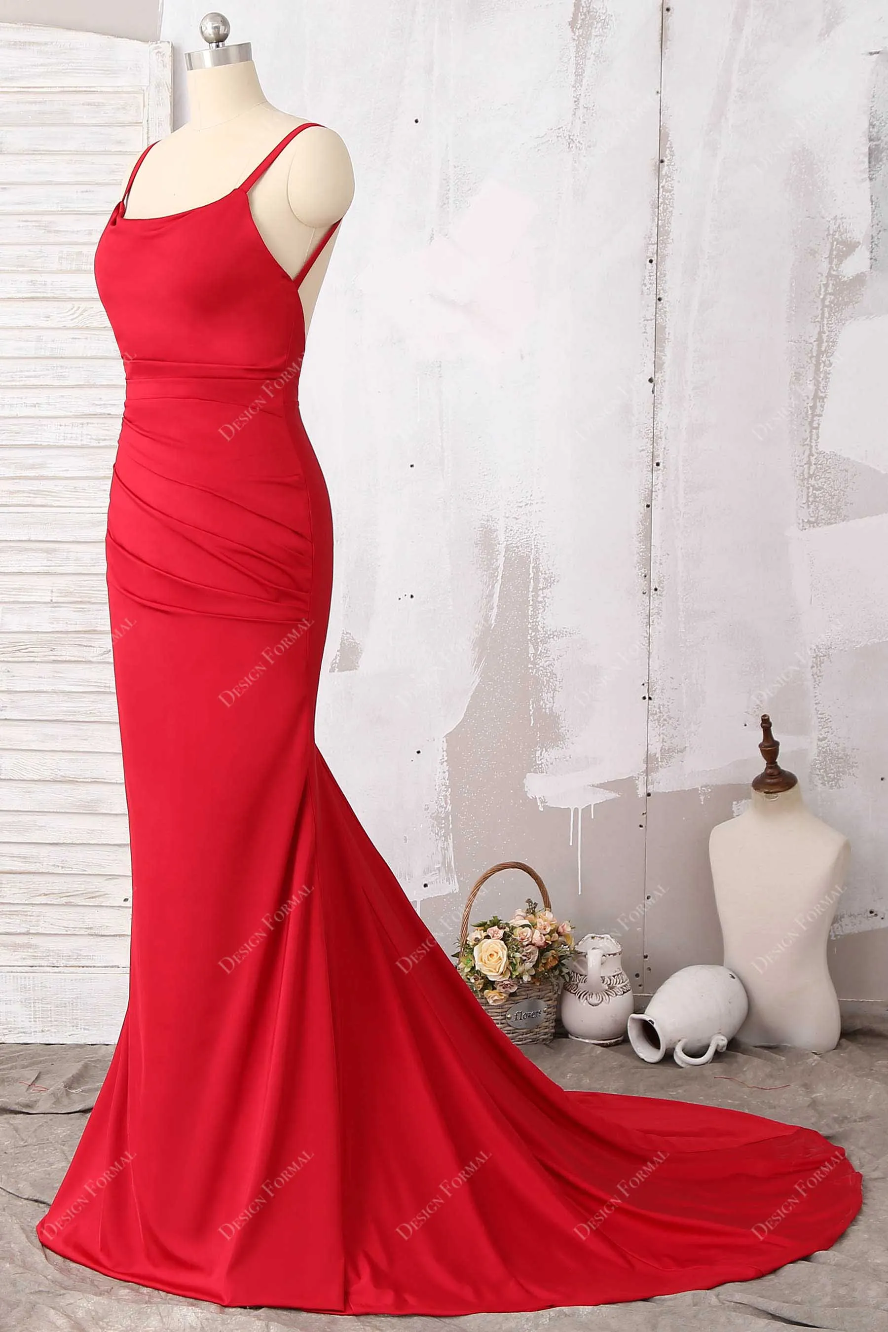 Red Jersey Thin Straps Ruched Mermaid Dress with Cowl Neck