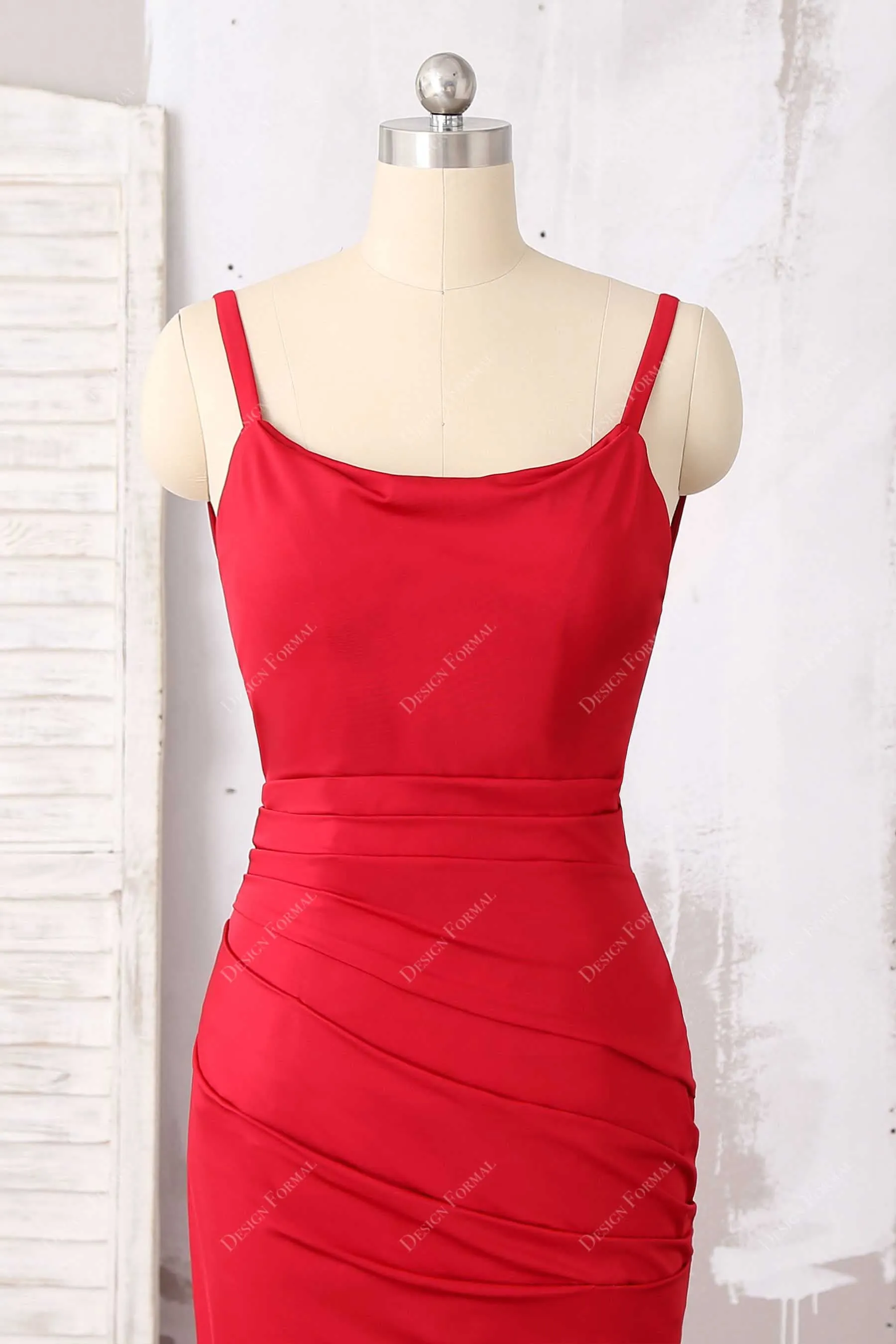 Red Jersey Thin Straps Ruched Mermaid Dress with Cowl Neck