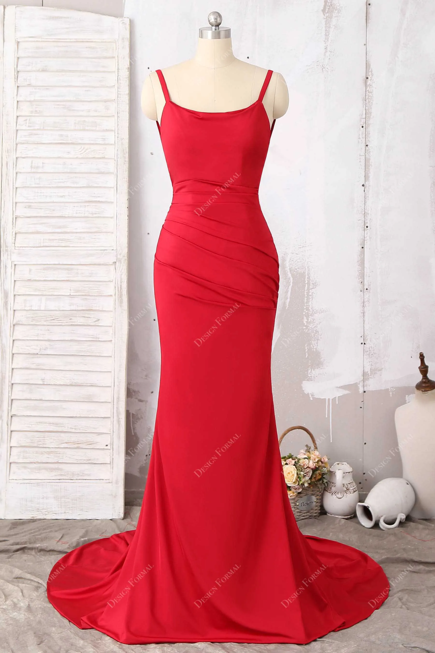 Red Jersey Thin Straps Ruched Mermaid Dress with Cowl Neck