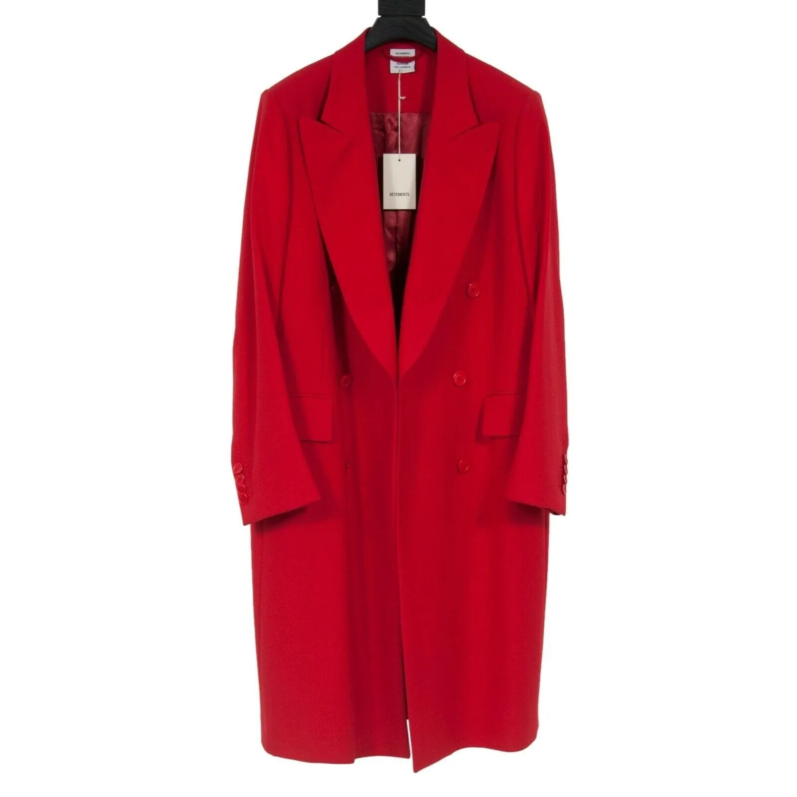 Red Wool Peak Lapel Double Breasted Long Over Coat Peacoat