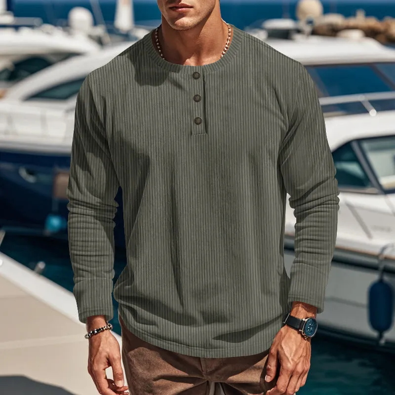 Riolio Autumn and Winter Long-Sleeved T-shirt Bottoming Shirt Four-Button Corduroy Slim Men's Henley Shirt