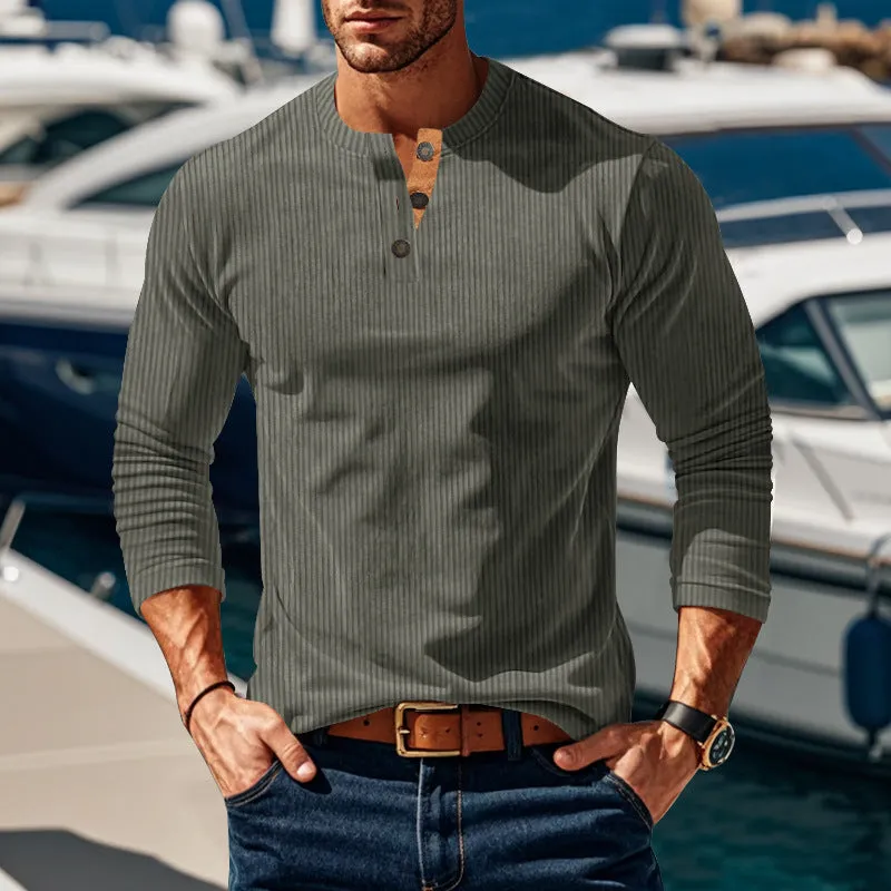 Riolio Autumn and Winter Long-Sleeved T-shirt Bottoming Shirt Four-Button Corduroy Slim Men's Henley Shirt