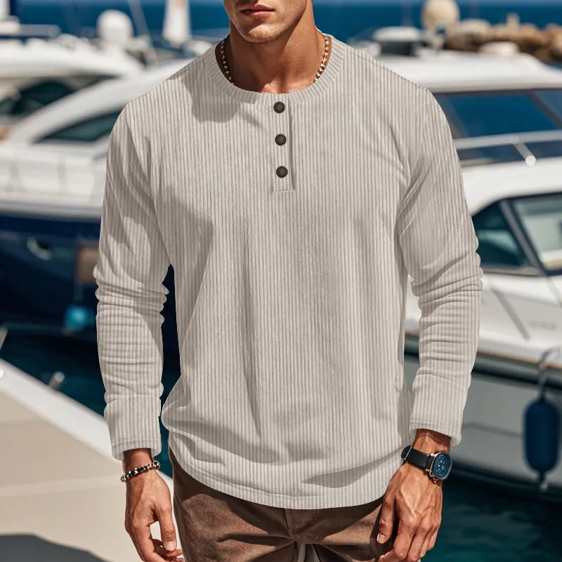 Riolio Autumn and Winter Long-Sleeved T-shirt Bottoming Shirt Four-Button Corduroy Slim Men's Henley Shirt