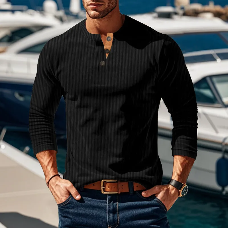 Riolio Autumn and Winter Long-Sleeved T-shirt Bottoming Shirt Four-Button Corduroy Slim Men's Henley Shirt