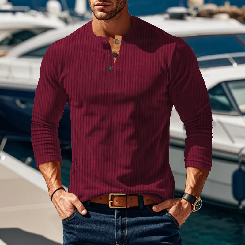 Riolio Autumn and Winter Long-Sleeved T-shirt Bottoming Shirt Four-Button Corduroy Slim Men's Henley Shirt