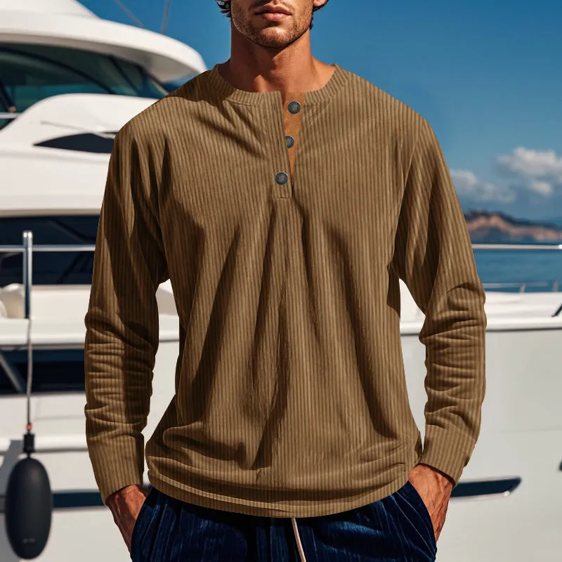 Riolio Autumn and Winter Long-Sleeved T-shirt Bottoming Shirt Four-Button Corduroy Slim Men's Henley Shirt