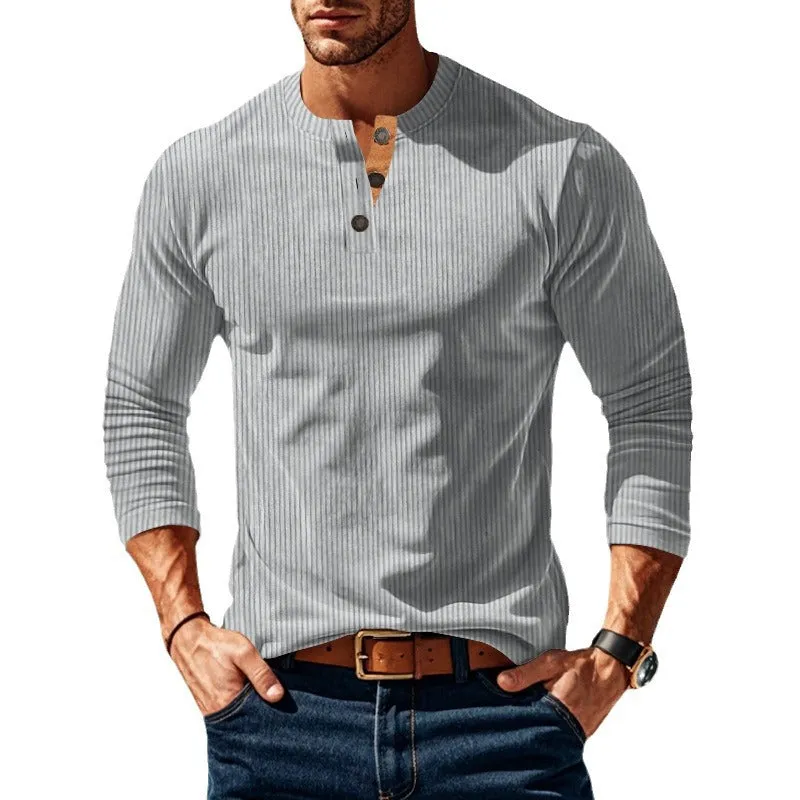 Riolio Autumn and Winter Long-Sleeved T-shirt Bottoming Shirt Four-Button Corduroy Slim Men's Henley Shirt