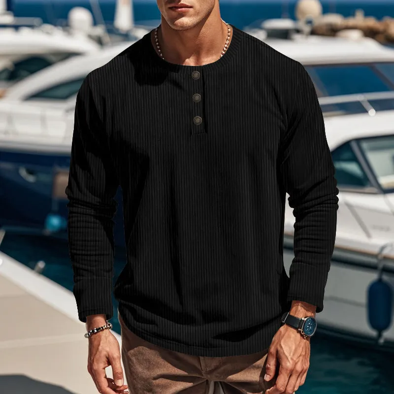 Riolio Autumn and Winter Long-Sleeved T-shirt Bottoming Shirt Four-Button Corduroy Slim Men's Henley Shirt