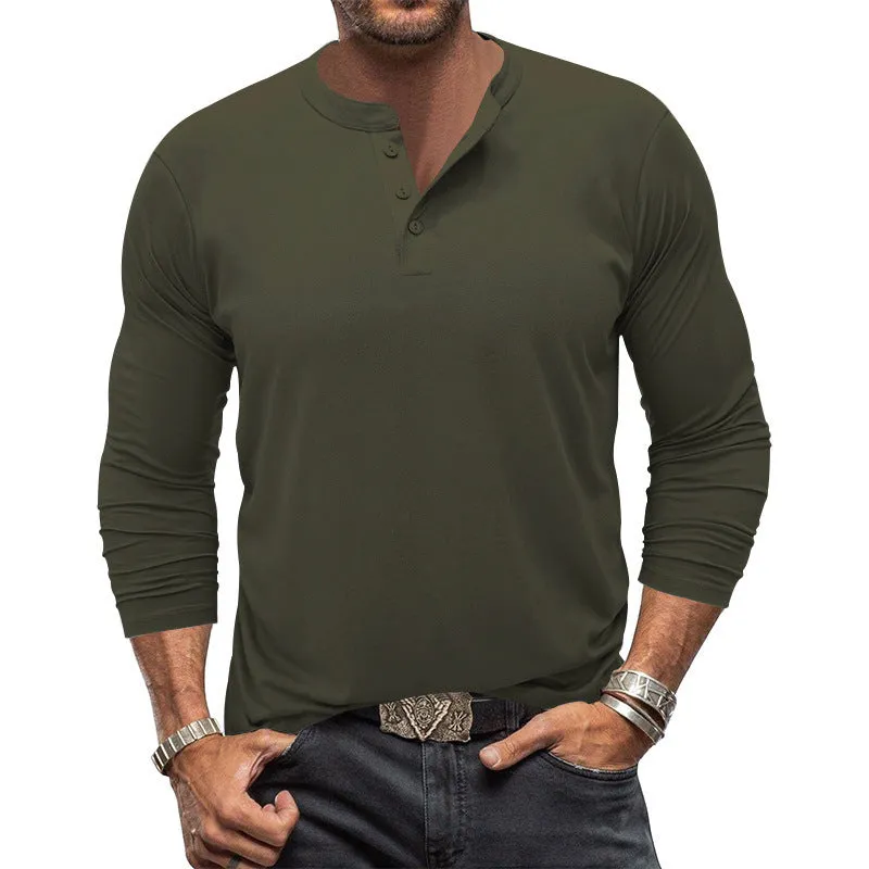 Riolio Autumn Long-Sleeved Men's T-shirt round Neck Solid Color Button Henley Shirt Casual Bottoming Shirt