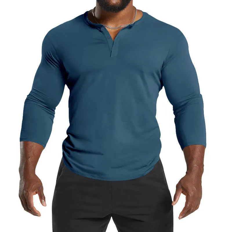 Riolio Autumn Long-Sleeved Men's T-shirt round Neck Solid Color Button Henley Shirt Casual Bottoming Shirt