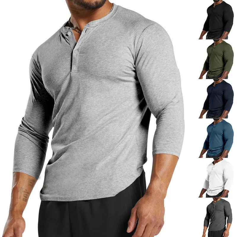 Riolio Autumn Long-Sleeved Men's T-shirt round Neck Solid Color Button Henley Shirt Casual Bottoming Shirt