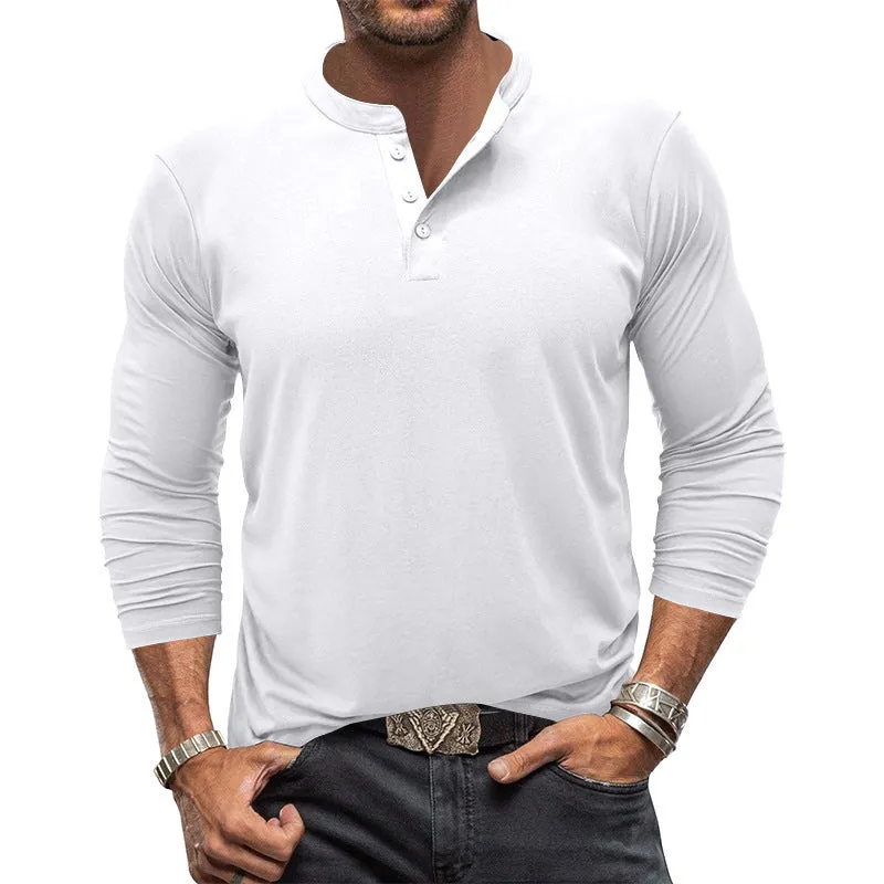 Riolio Autumn Long-Sleeved Men's T-shirt round Neck Solid Color Button Henley Shirt Casual Bottoming Shirt