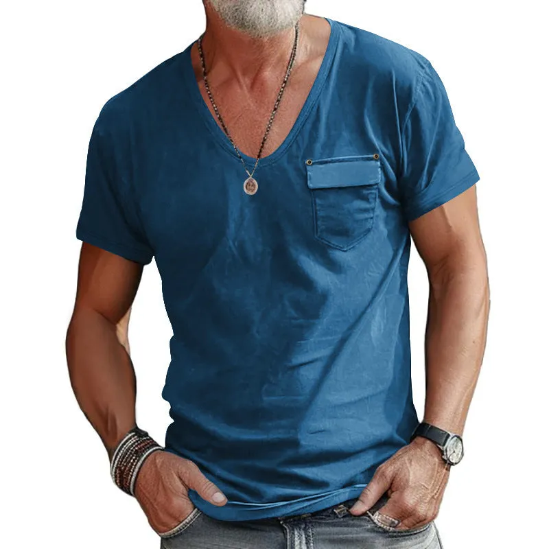 Riolio Summer Fashion Men's Slim-Fit U-Neck T-shirt Casual Solid Color Henley Shirt Short Sleeve Men