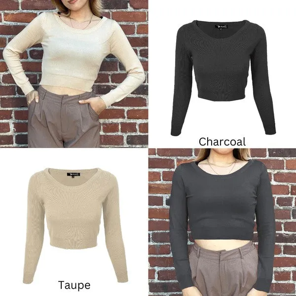 Round Neck Long Slv Crop Sweater Knit Crop Top