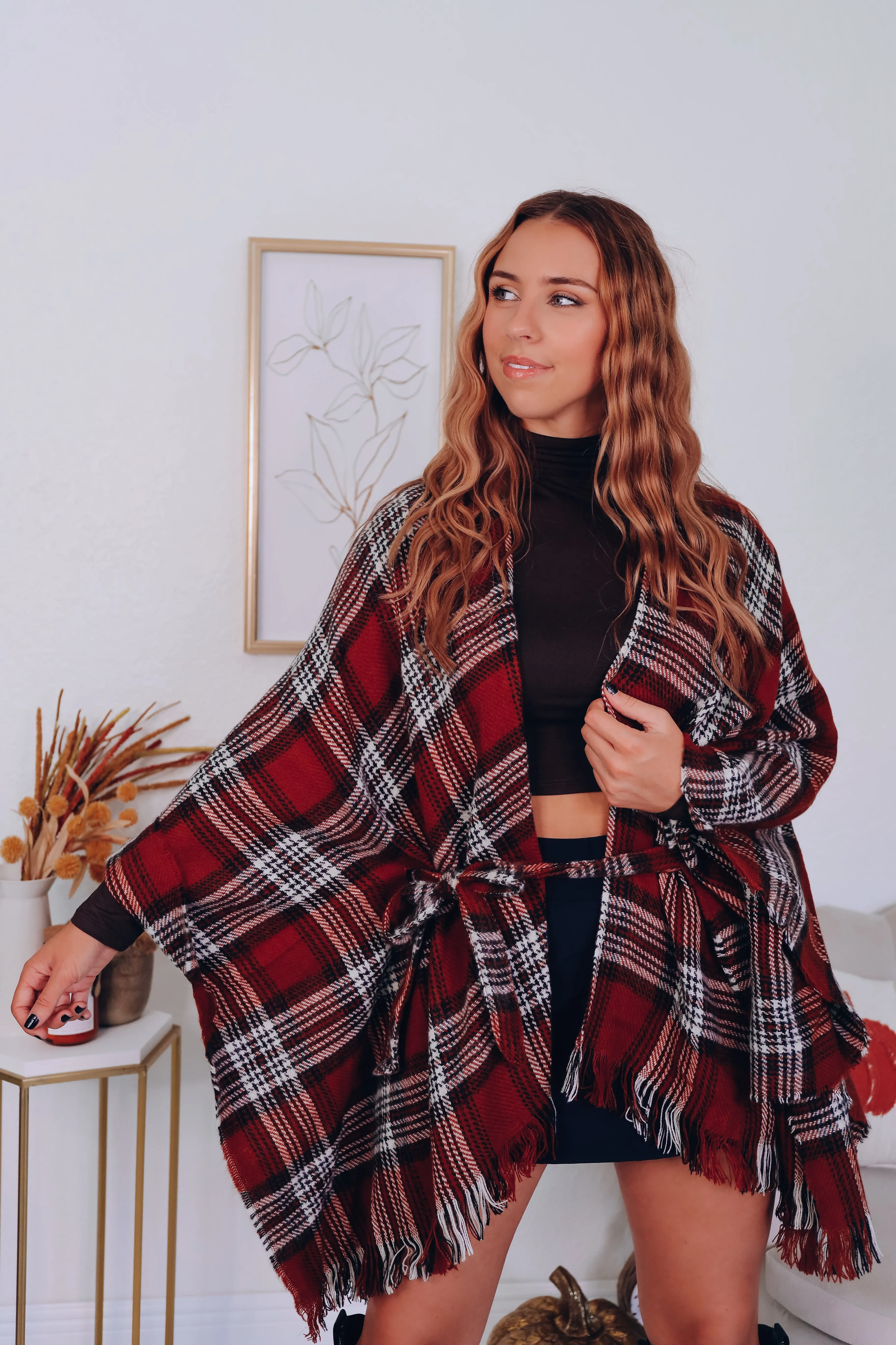 Ruana Belted Plaid Poncho - Rust