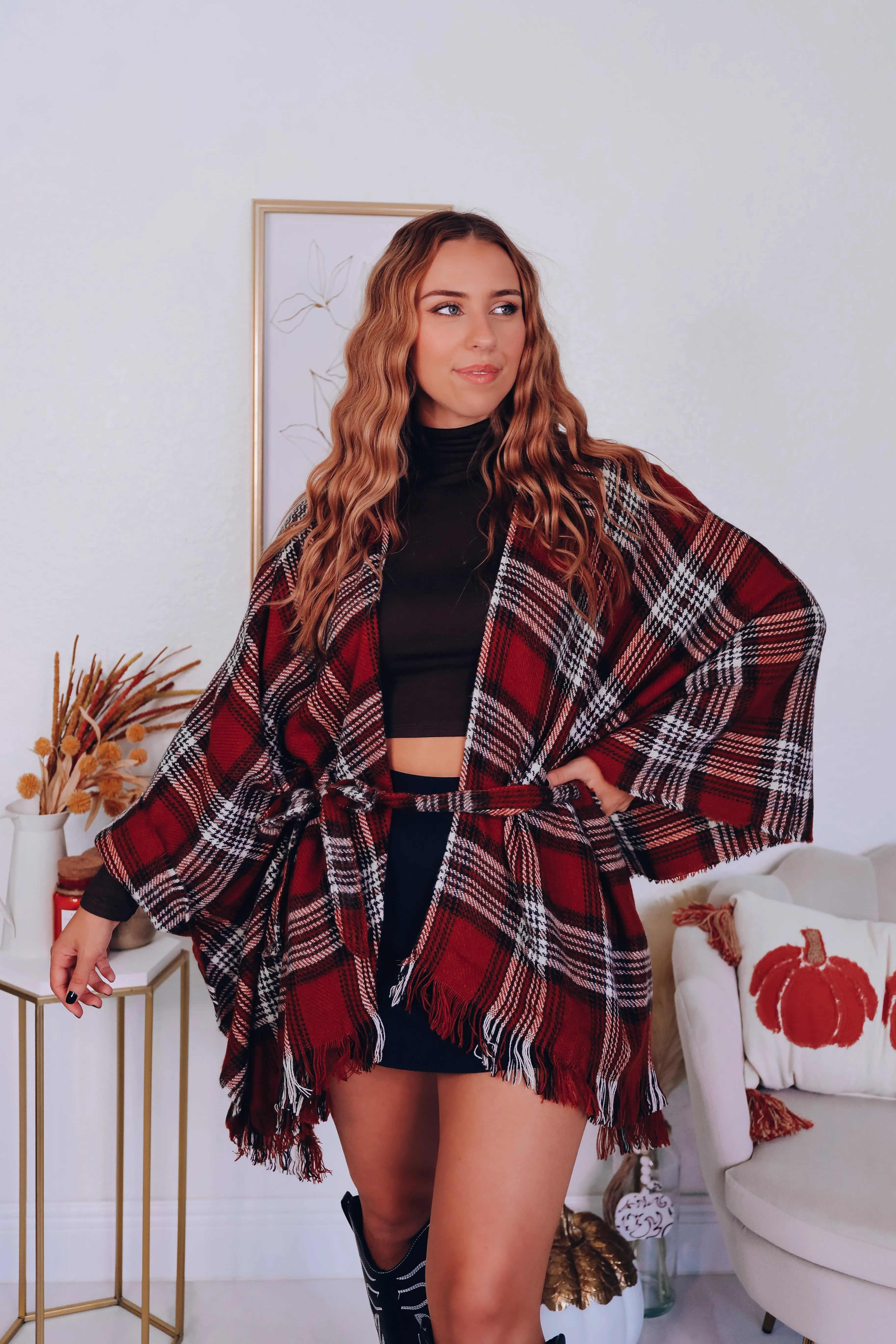 Ruana Belted Plaid Poncho - Rust